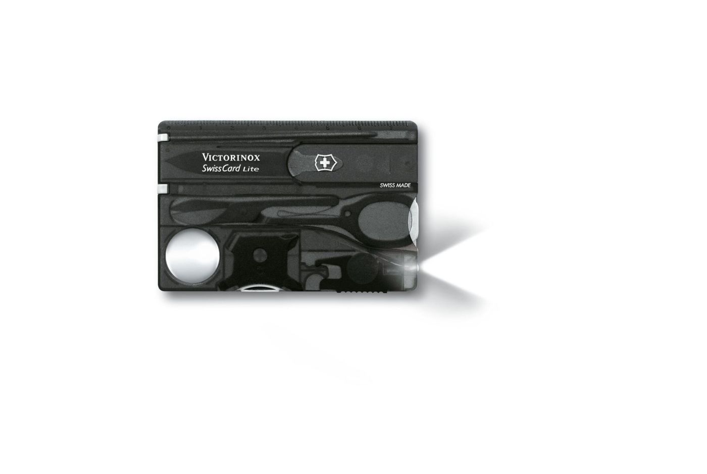Мультитул VICTORINOX SWISSCARD LITE, 82х54х4 мм, 12 предметов, черный прозрачный, LED, блистер (Vx07333.T3B1) thumb 1