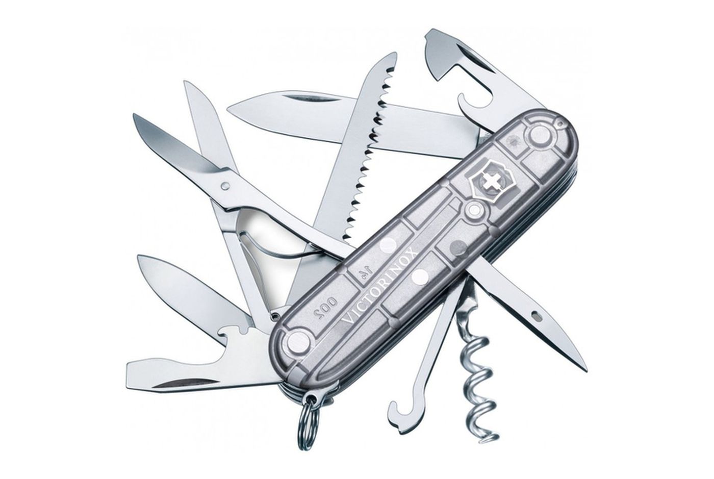 Многофункциональный нож VICTORINOX HUNTSMAN, 91 мм, 15 предметов, серебристый прозрачный, блистер (Vx13713.T7B1) thumb 1